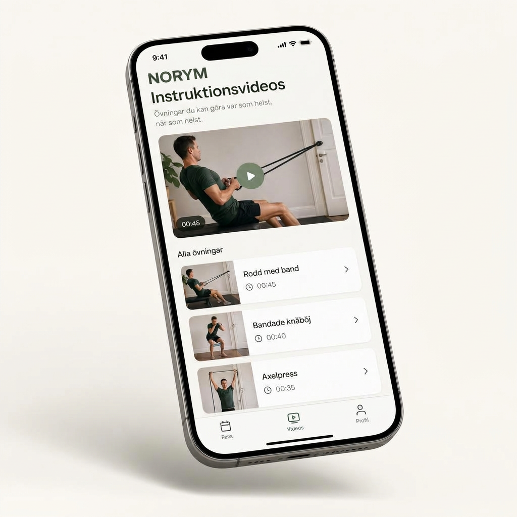 NORYM-appen visar instruktionsvideos för övningar på svenska